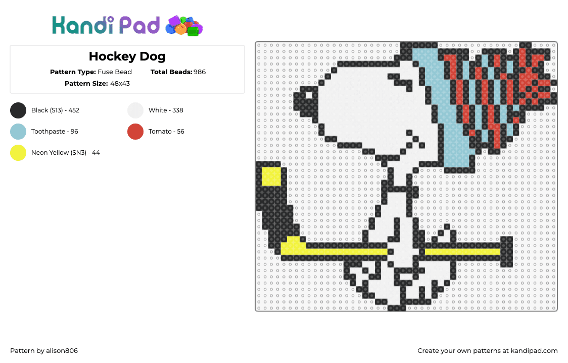 Hockey Dog - Fuse Bead Pattern by alison806 on Kandi Pad - snoopy,hockey,peanuts,sports,comic,character,dog,yellow,white,light blue