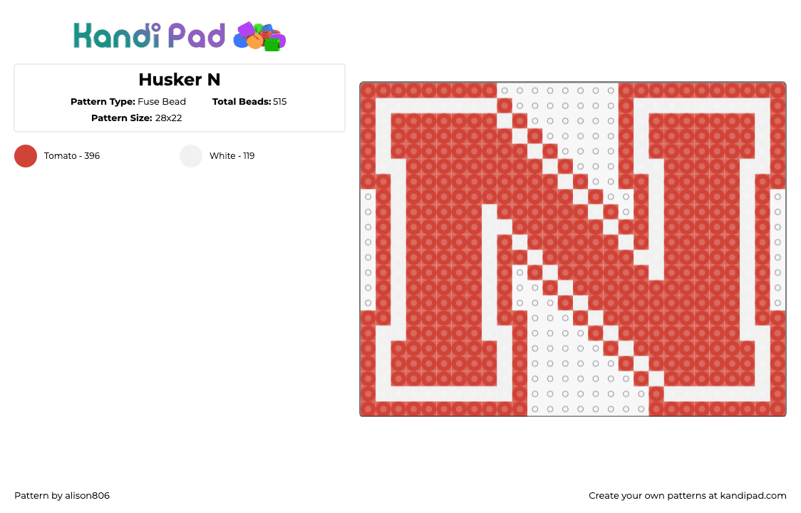 Husker N - Fuse Bead Pattern by alison806 on Kandi Pad - cornhuskers,n,nebraska,logo,sports,team,red