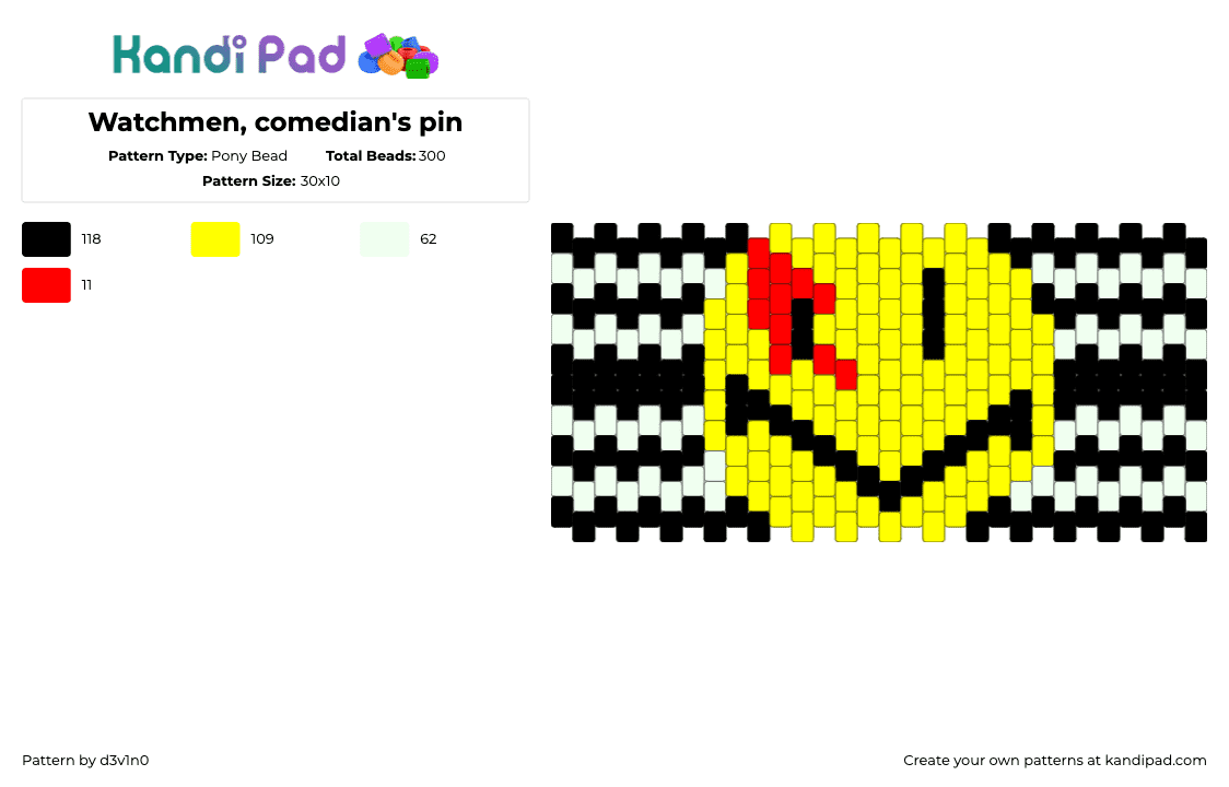 Watchmen, comedian\'s pin - Pony Bead Pattern by d3v1n0 on Kandi Pad - comedian,watchmen,smiley,pin,stripes,cuff,comic,movie,yellow,black