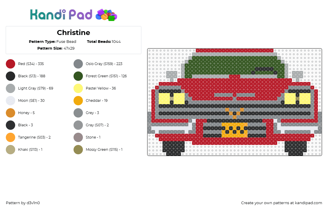 Christine - Fuse Bead Pattern by d3v1n0 on Kandi Pad - christine,car,horror,movie,classic,automobile,red