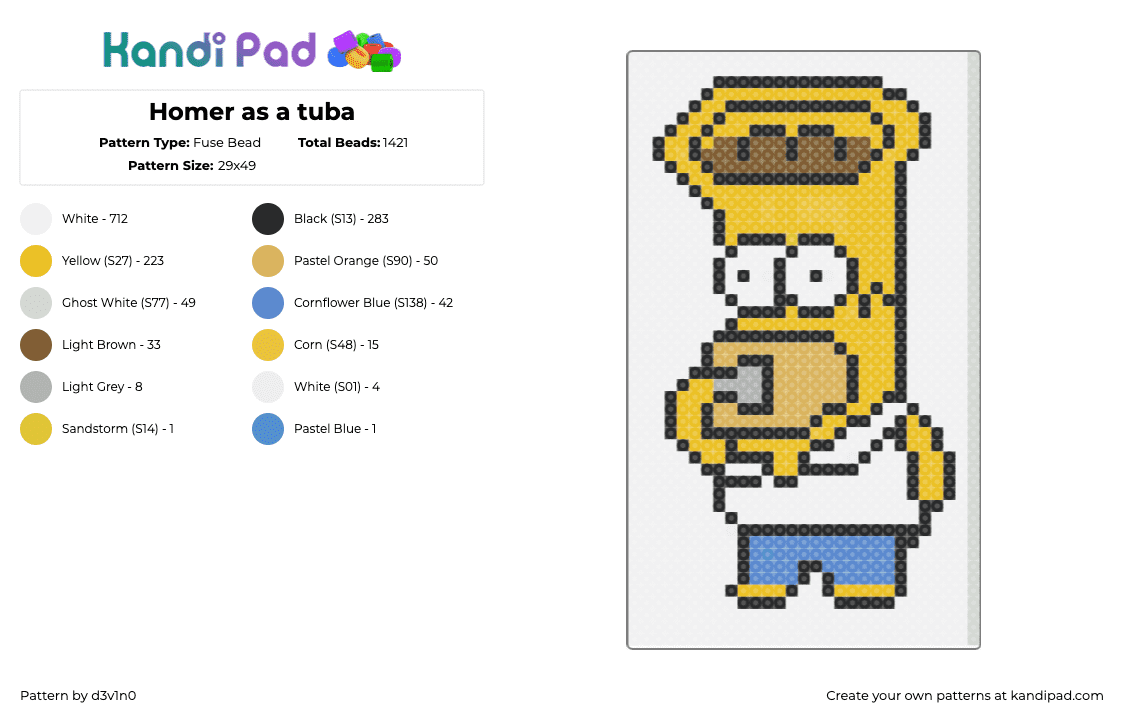 Homer as a tuba - Fuse Bead Pattern by d3v1n0 on Kandi Pad - homer simpson,tuba,mashup,character,silly,instrument,music,cartoon,tv show,yellow,white