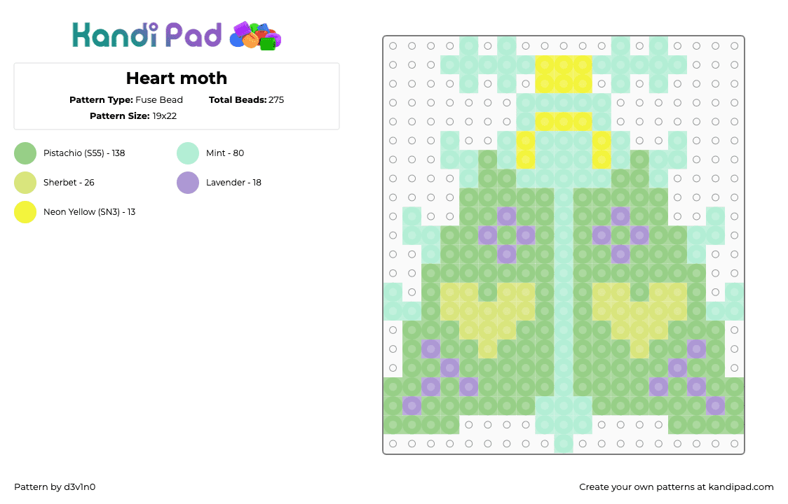 Heart moth - Fuse Bead Pattern by d3v1n0 on Kandi Pad - moth,insect,pastel,bug,green,teal,yellow