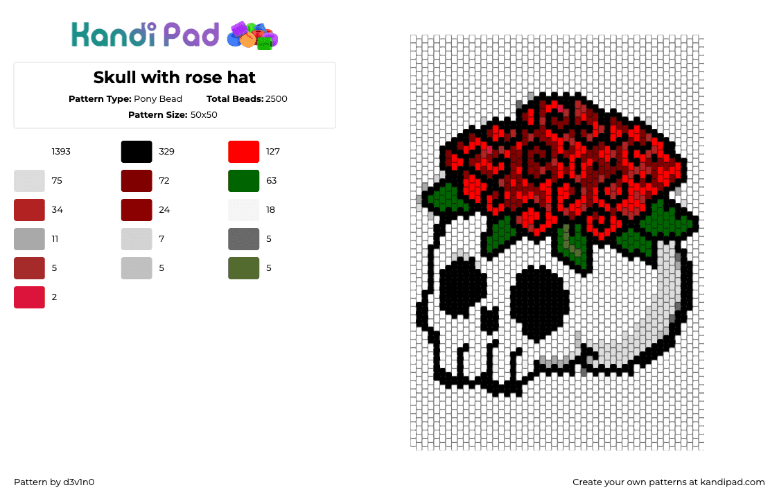 Skull with rose hat - Pony Bead Pattern by d3v1n0 on Kandi Pad - white,brown,red,green