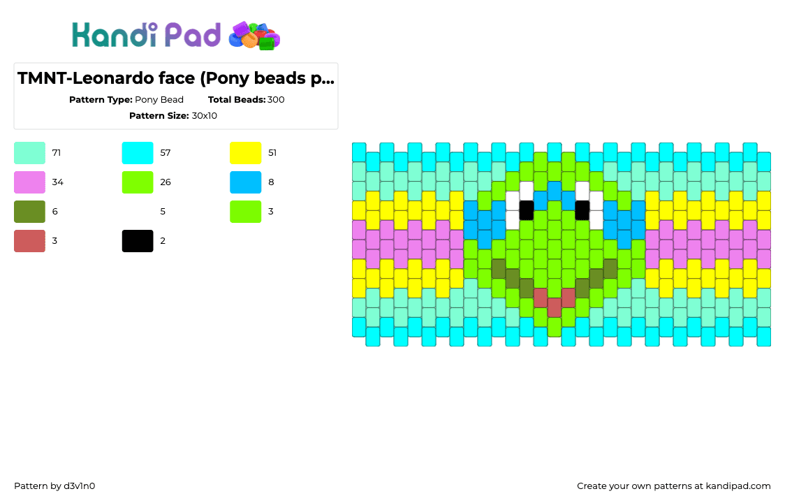 TMNT-Leonardo face (Pony beads pattern) - Pony Bead Pattern by d3v1n0 on Kandi Pad - leonardo,tmnt,teenage mutant ninja turtles,bright,colorful,cuff,teal,green,pink,yellow