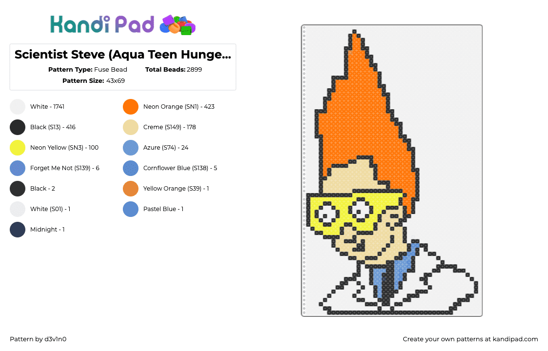 Scientist Steve (Aqua Teen Hunger Force) - Fuse Bead Pattern by d3v1n0 on Kandi Pad - steve,athf,aqua teen hunger force,scientist,animation,tv show,character,orange,white