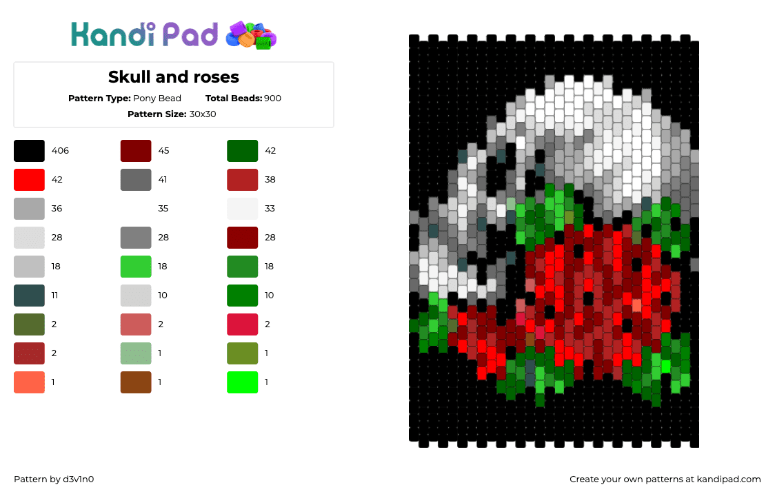 Skull and roses - Pony Bead Pattern by d3v1n0 on Kandi Pad - black,gray,green,red,colorful