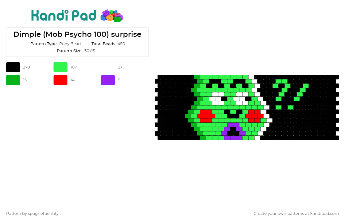 Dimple (Mob Psycho 100) surprise - Pony Bead Pattern by spaghettientity on Kandi Pad - mob psycho 100,dimple,slime,cuff,anime,expression,surprise,character,animation,green,black