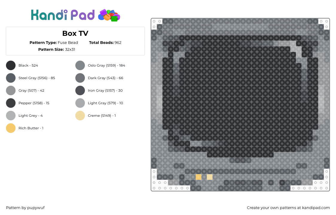 Box TV - Fuse Bead Pattern by pupywuf on Kandi Pad - dvd,tv,television,retro,nostalgia,technology,gray,black