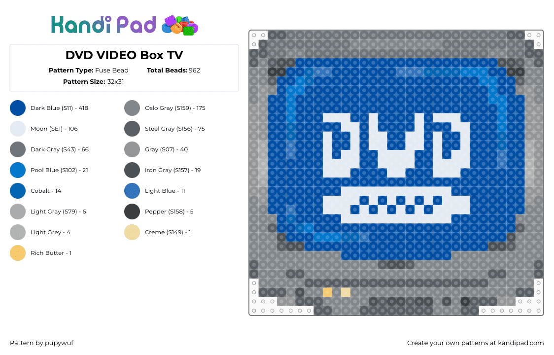 DVD VIDEO Box TV - Fuse Bead Pattern by pupywuf on Kandi Pad - dvd,tv,television,retro,nostalgia,technology,gray,blue,white