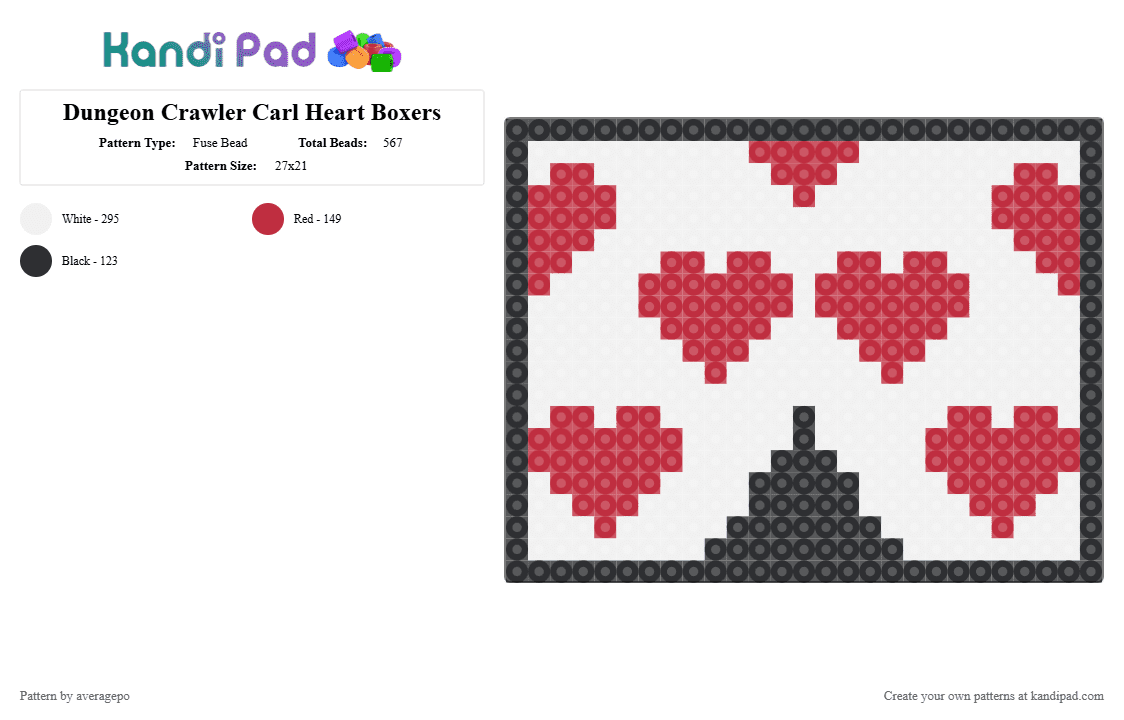 Dungeon Crawler Carl Heart Boxers - Fuse Bead Pattern by averagepo on Kandi Pad - carl, crawler, dungeon, heart, red, white