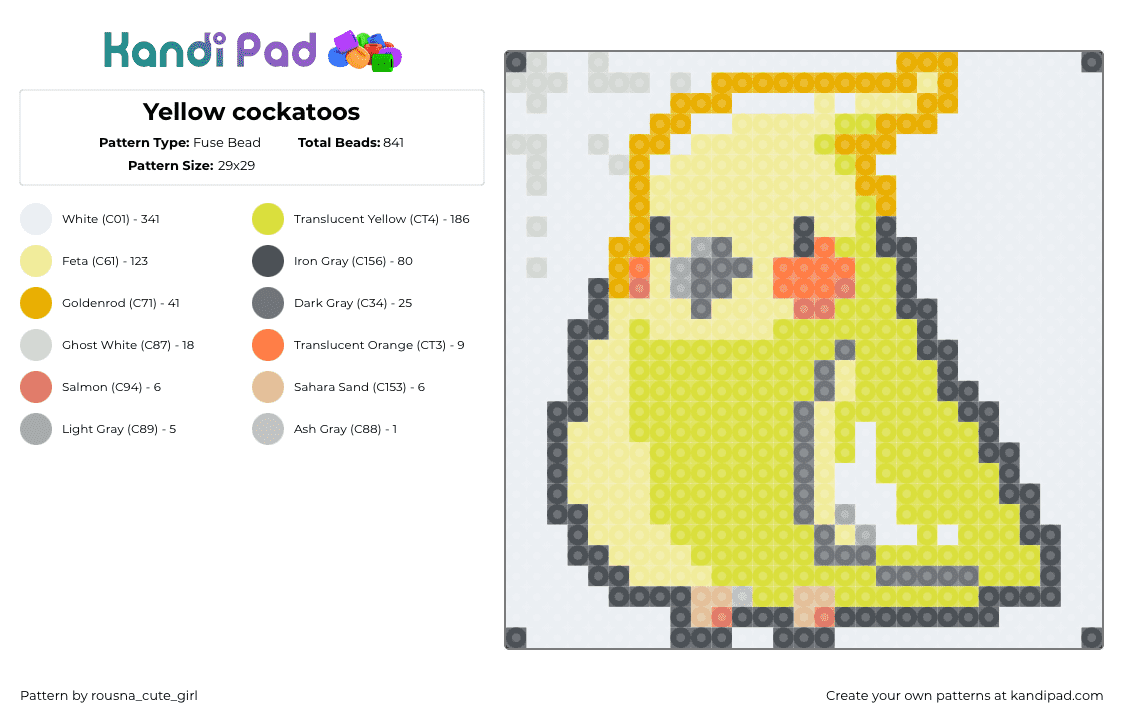 Yellow cockatoos - Fuse Bead Pattern by rousna_cute_girl on Kandi Pad - cockatoo,bird,animal,cute,yellow