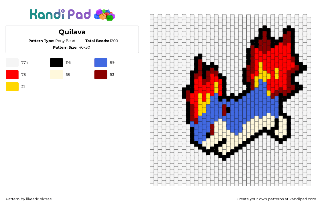 Quilava - Pony Bead Pattern by likeadrinktrae on Kandi Pad - quilava,pokemon,cyndaquil,character,gaming,panel,fiery,flames,blue,red,white