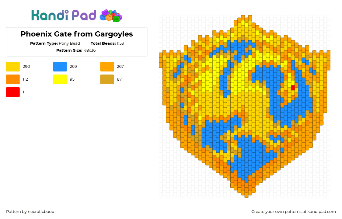 Phoenix Gate from Gargoyles - Pony Bead Pattern by necroticboop on Kandi Pad - phoenix gate,gargoyles,crest,shield,scifi,disney,animation,tv show,yellow,golf,light blue