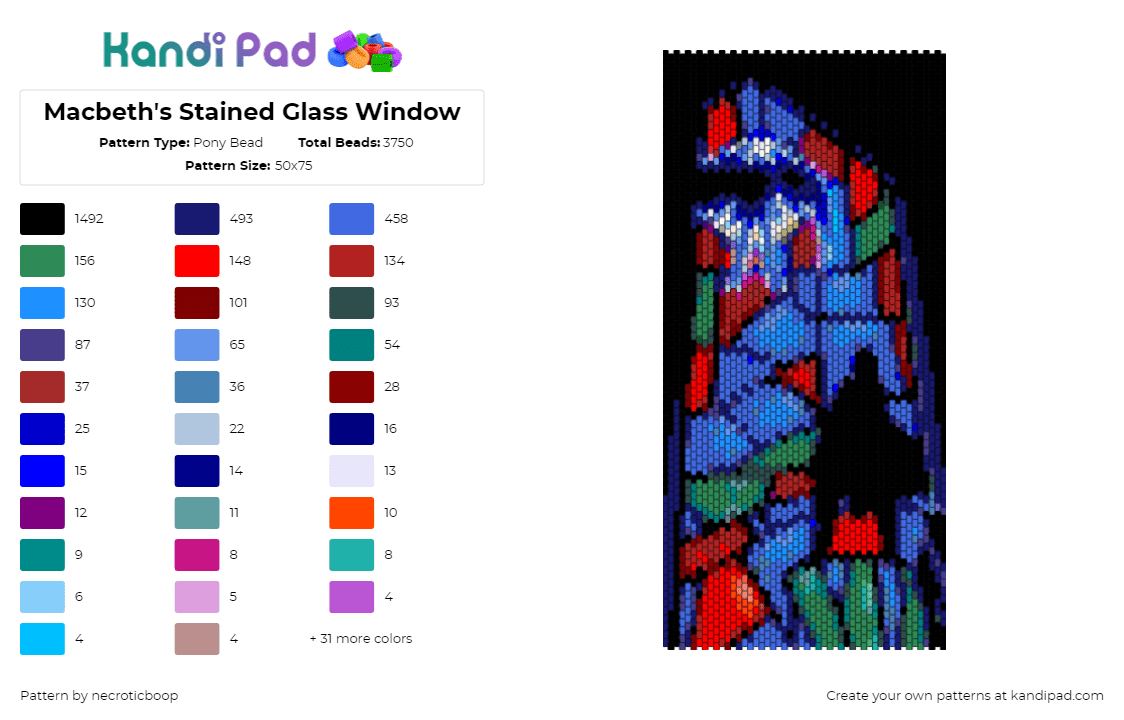 Macbeth\'s Stained Glass Window from Gargoyles - Pony Bead Pattern by necroticboop on Kandi Pad - stained glass,macbeth,window,shakespeare,blue,red,green,black