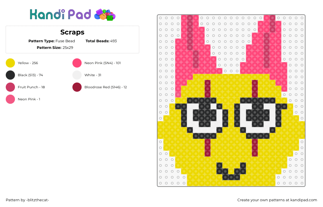 Scraps - Fuse Bead Pattern by -blitzthecat- on Kandi Pad - scraps,dandys world,face,character,video game,yellow,pink