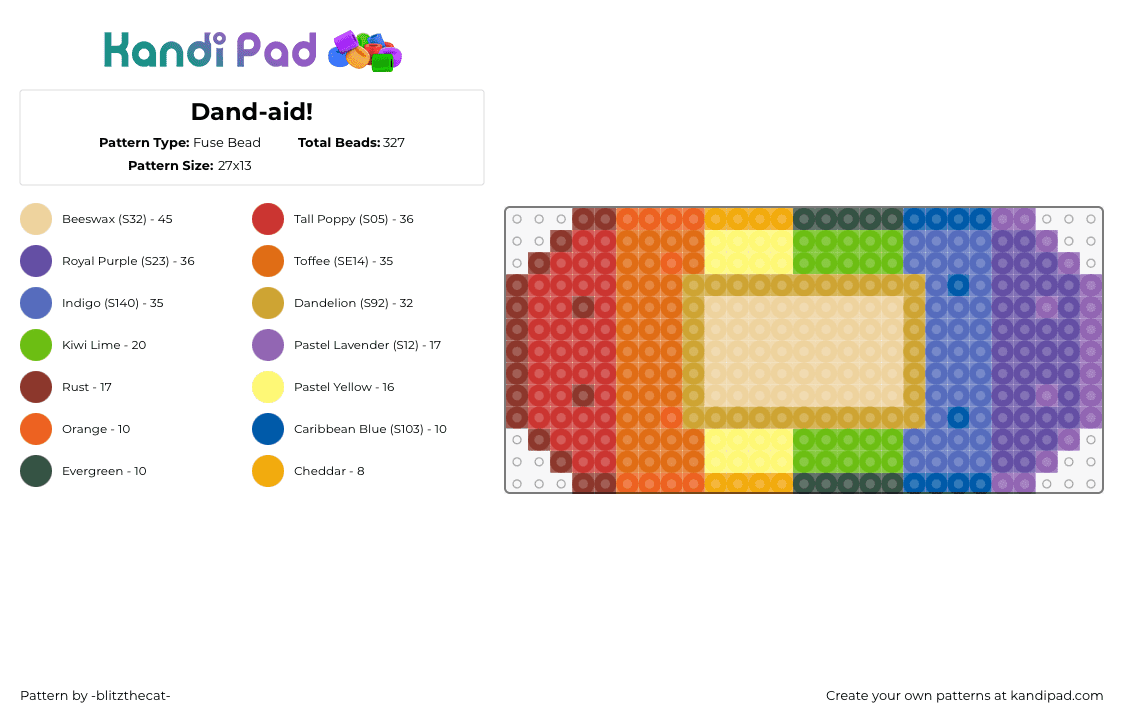 Dand-aid! - Fuse Bead Pattern by -blitzthecat- on Kandi Pad - dandaid,dandys world,bandage,bandaid,rainbow,video game