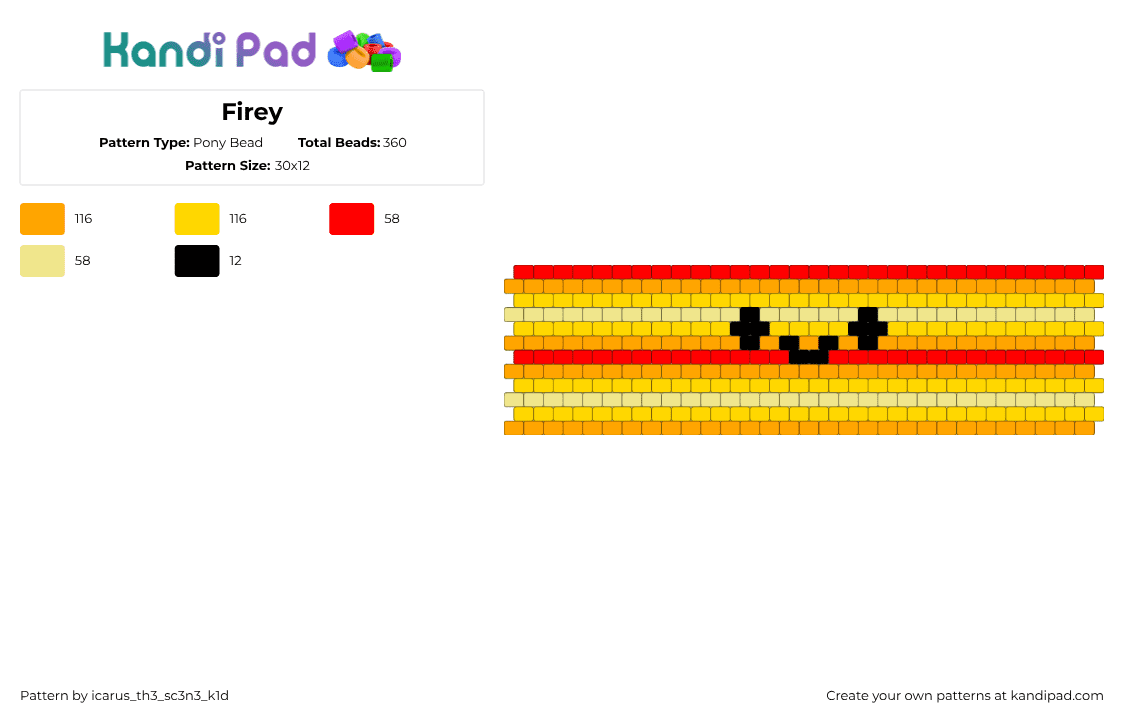 Firey - Pony Bead Pattern by icarus_th3_sc3n3_k1d on Kandi Pad - firey,bfdi,battle for dream island,face,cuff,animation,tv show,cute,yellow