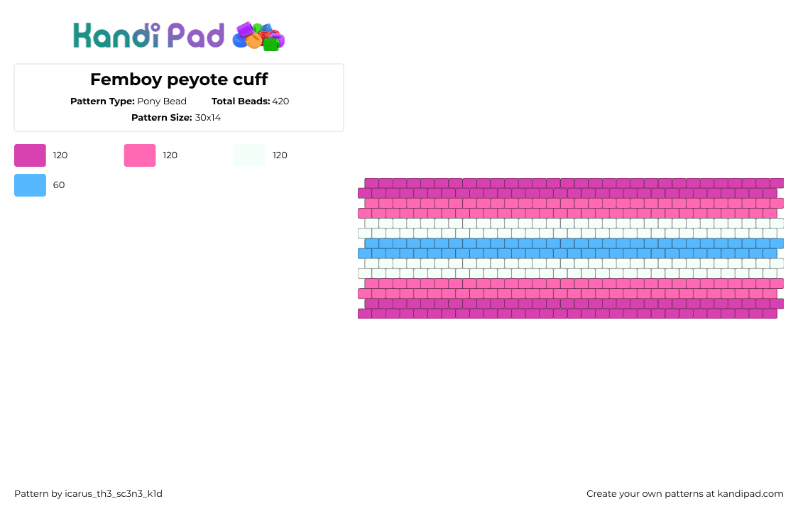 Femboy peyote cuff - Pony Bead Pattern by icarus_th3_sc3n3_k1d on Kandi Pad - femboy,pride,cuff,pink,white,light blue