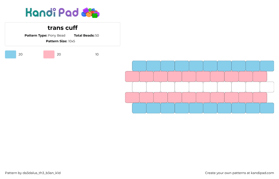 trans cuff - Pony Bead Pattern by da3dalus_th3_b3an_k1d on Kandi Pad - trans,pride,cuff,light blue,pink