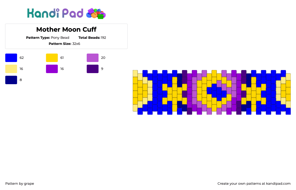 Mother Moon Cuff - Pony Bead Pattern by grape on Kandi Pad - moon,night,stars,cuff,astrology,yellow,blue,purple