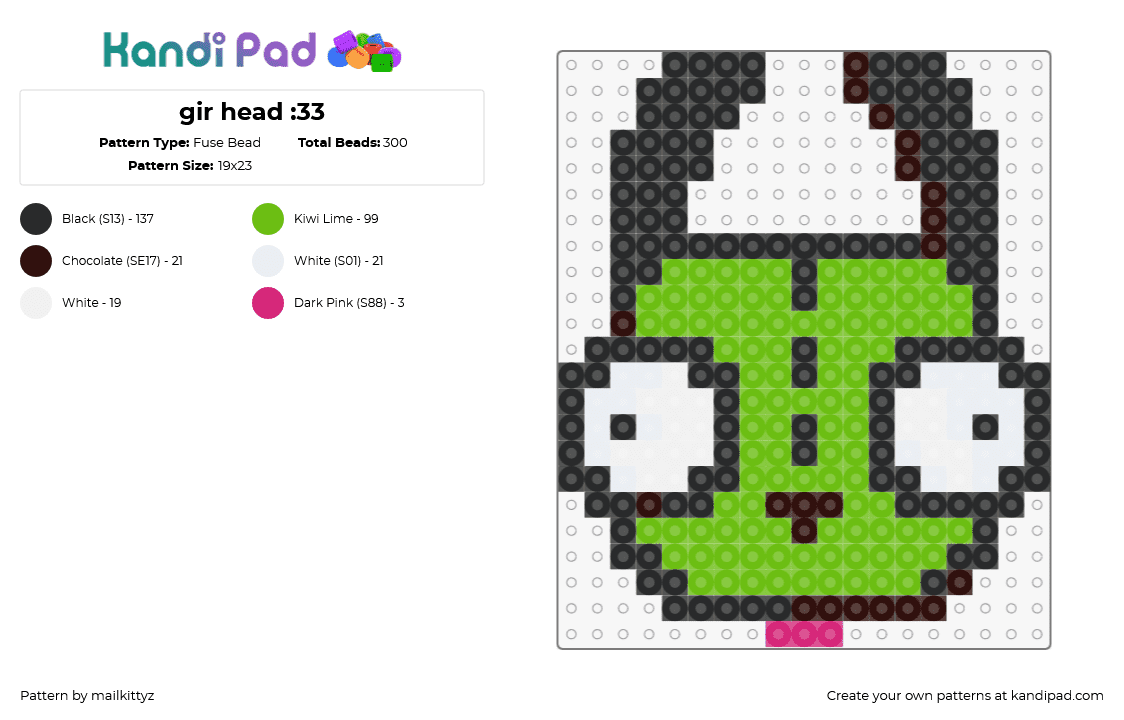 gir head :33 - Fuse Bead Pattern by mailkittyz on Kandi Pad - gir,onvader zim,head,character,cartoon,tv show,green,white,black