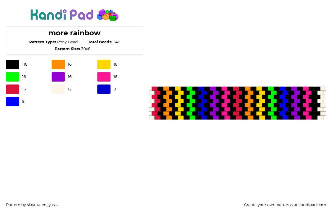 more rainbow - Pony Bead Pattern by slayqueen_yasss on Kandi Pad - rainbow,neon,dark,vertical,stripes,cuff,black