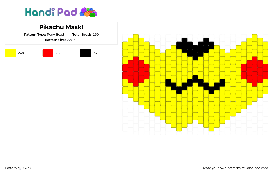 Pikachu Mask! - Pony Bead Pattern by 33v33 on Kandi Pad - pikachu,pokemon,mask,gaming,mouth,yellow