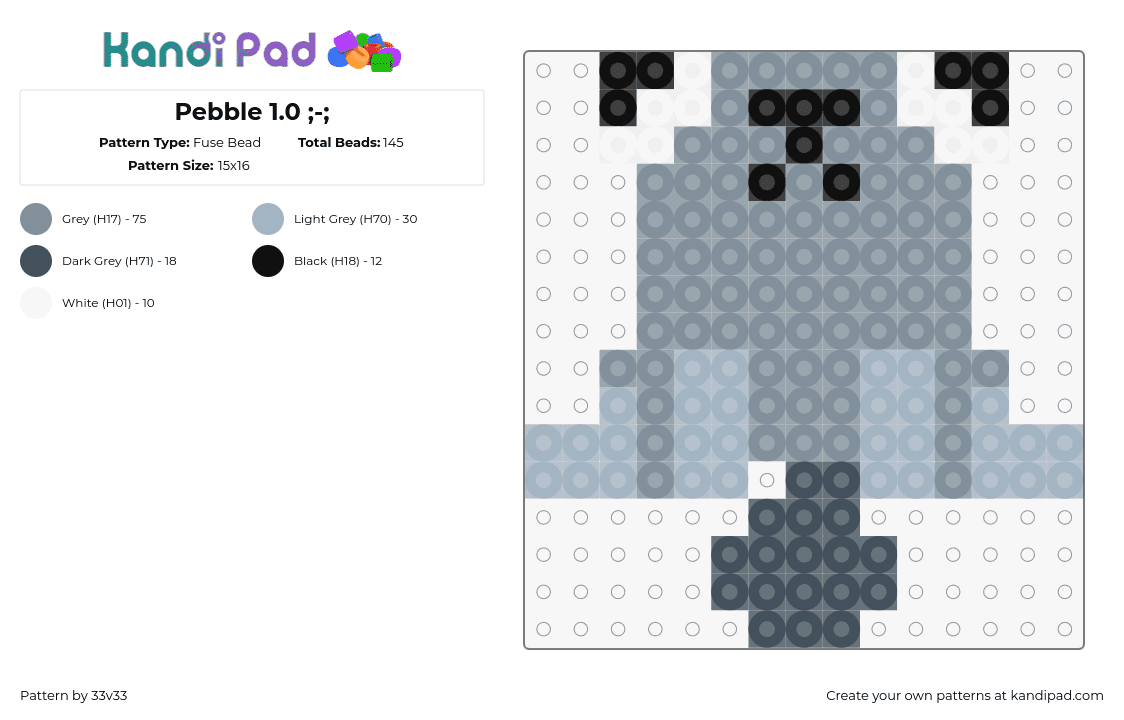 Pebble 1.0 ;-; - Fuse Bead Pattern by 33v33 on Kandi Pad - pebble,dandys world,character,video game,gray