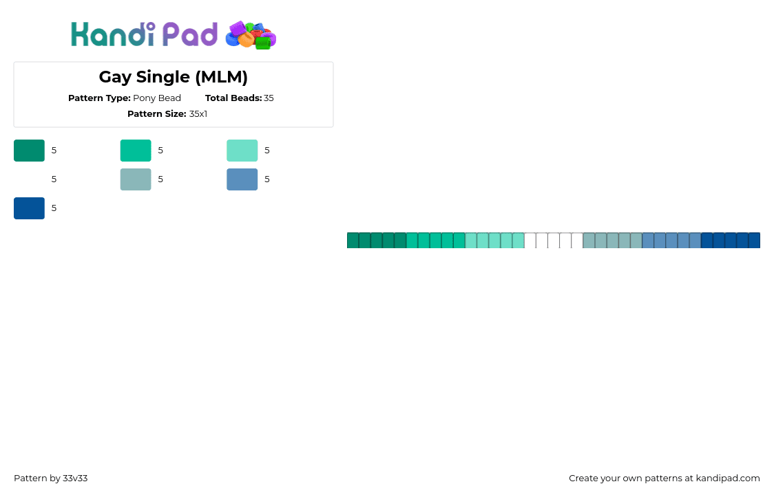 Gay Single (MLM) - Pony Bead Pattern by 33v33 on Kandi Pad - mlm,pride,gay,single,bracelet,teal,green,blue