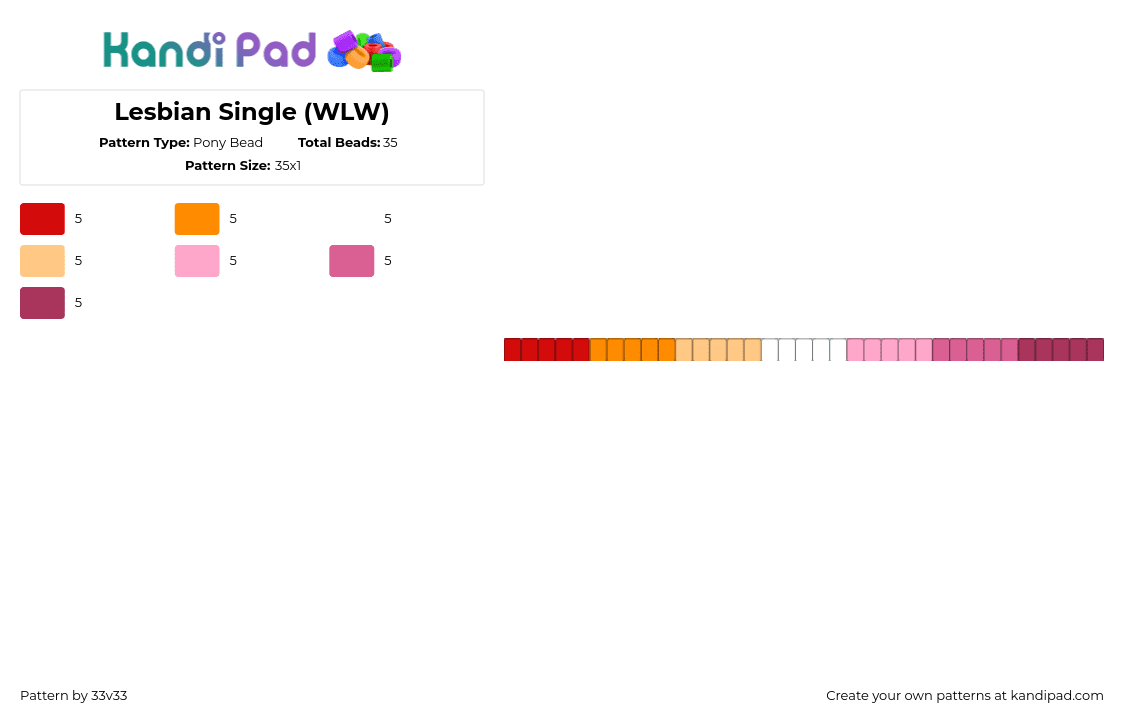 Lesbian Single (WLW) - Pony Bead Pattern by 33v33 on Kandi Pad - lesbian,pride,single,bracelet,pink,orange