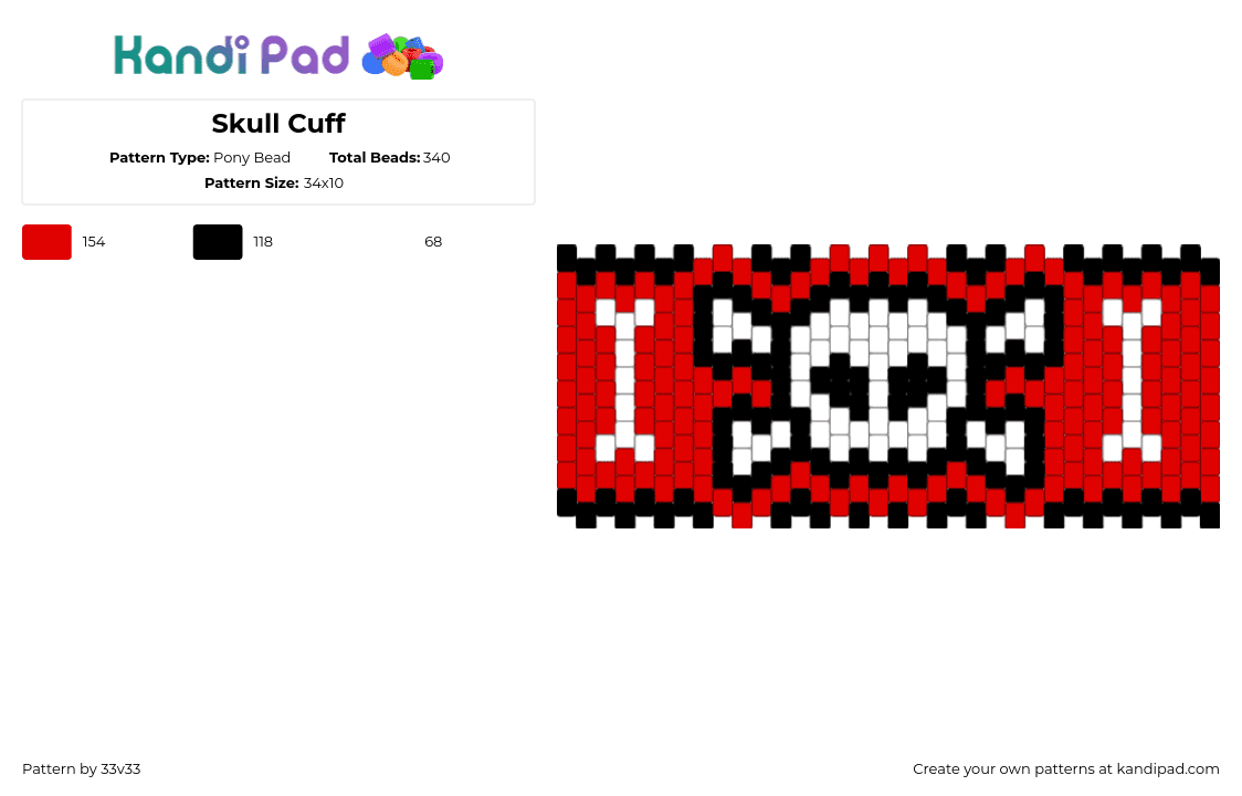 Skull Cuff - Pony Bead Pattern by 33v33 on Kandi Pad - skull,crossbones,spooky,halloween,cuff,death,red,white,black