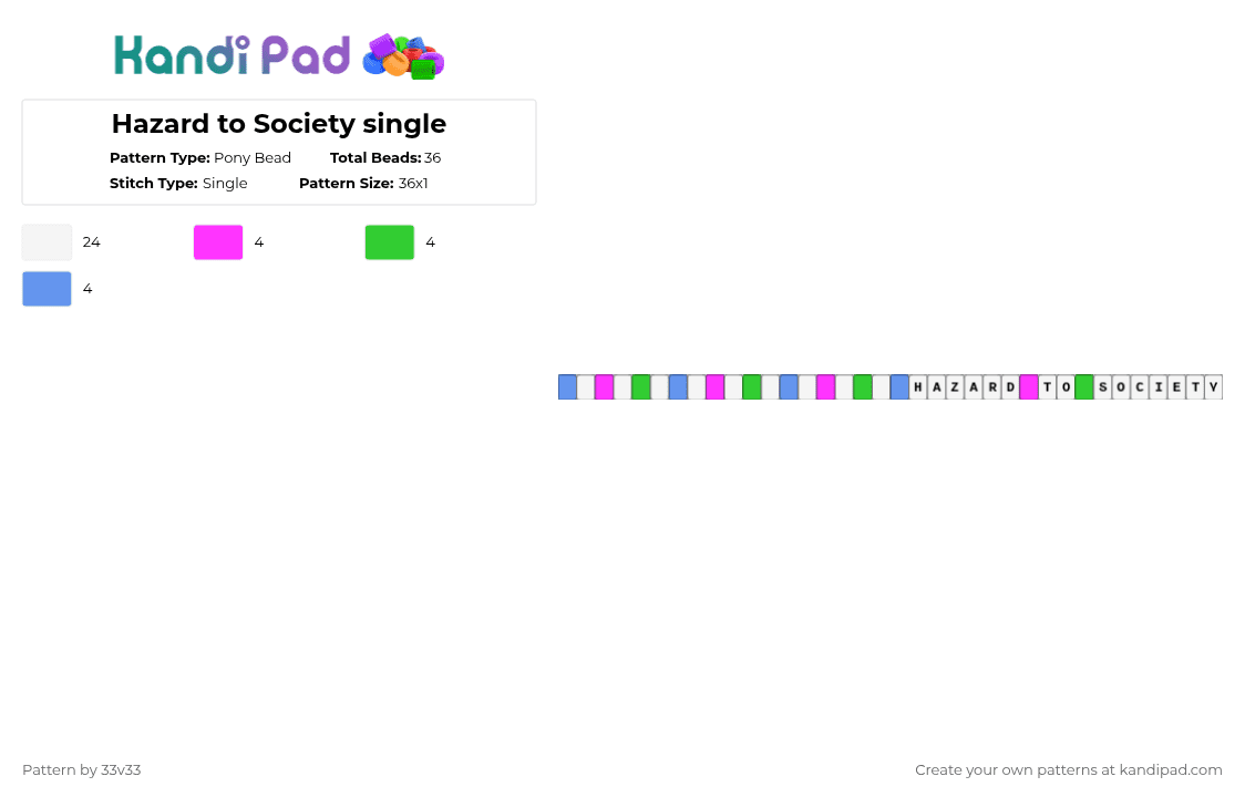 Hazard to Society single - Pony Bead Pattern by 33v33 on Kandi Pad - white,pink,green,light blue