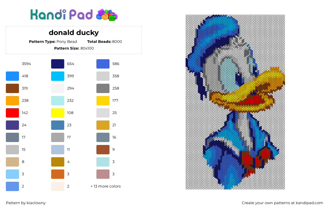 donald ducky - Pony Bead Pattern by kiaclowny on Kandi Pad - donald duck,disney,portrait,character,cartoon,classic,blue,white,yellow