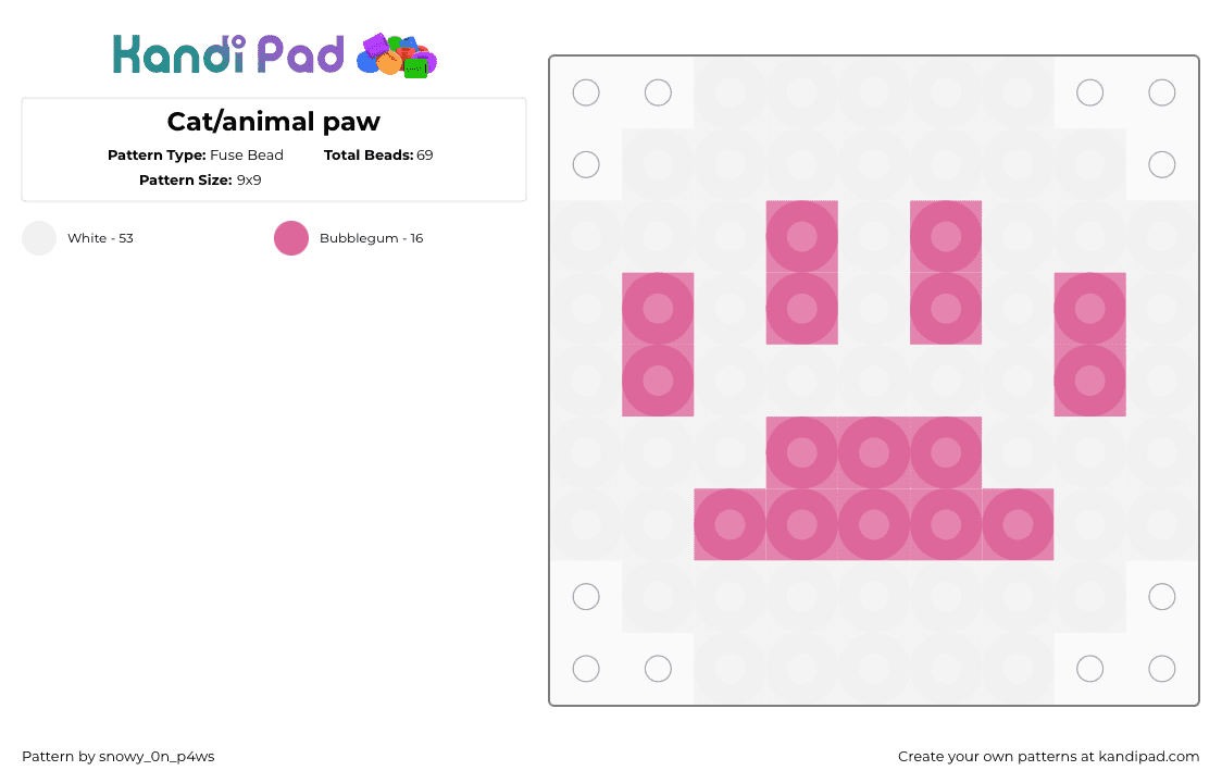 Cat/animal paw - Fuse Bead Pattern by snowy_0n_p4ws on Kandi Pad - white