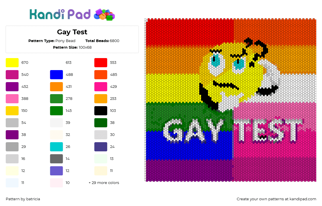 Gay Test - Pony Bead Pattern by batricia on Kandi Pad - gay test,pride,smiley,emoji,colorful,panel,yellow,pink