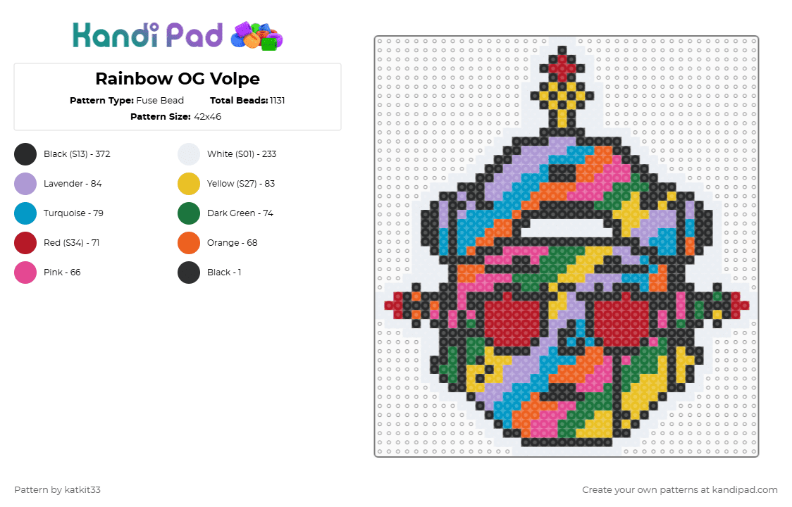 Rainbow OG Volpe - Fuse Bead Pattern by katkit33 on Kandi Pad - ray volpe,volpetron,dj,music,edm,yellow,pink