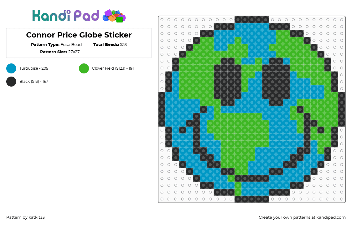 Connor Price Globe Sticker - Fuse Bead Pattern by katkit33 on Kandi Pad - connor price,globe,music,rap,smiley,earth,sticker,charm,light blue,green