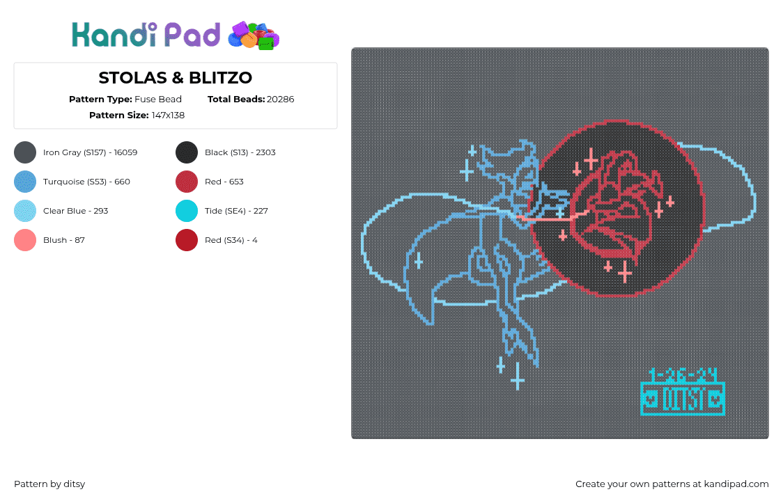 STOLAS & BLITZO - Fuse Bead Pattern by ditsy on Kandi Pad - stolas,blitzo,helluva boss,hazbin hotel,panel,animation,gray,light blue,red