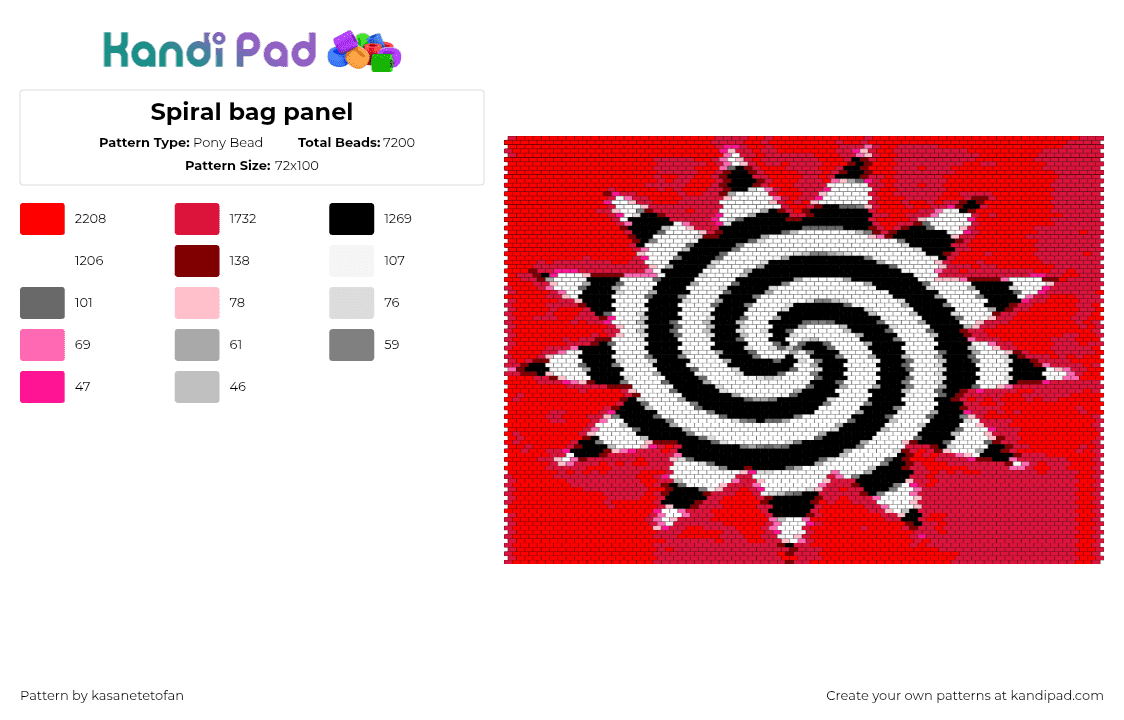 Spiral bag panel - Pony Bead Pattern by kasanetetofan on Kandi Pad - hypnotic,spiral,swirl,bag,panel,burst,trippy,red,black,white