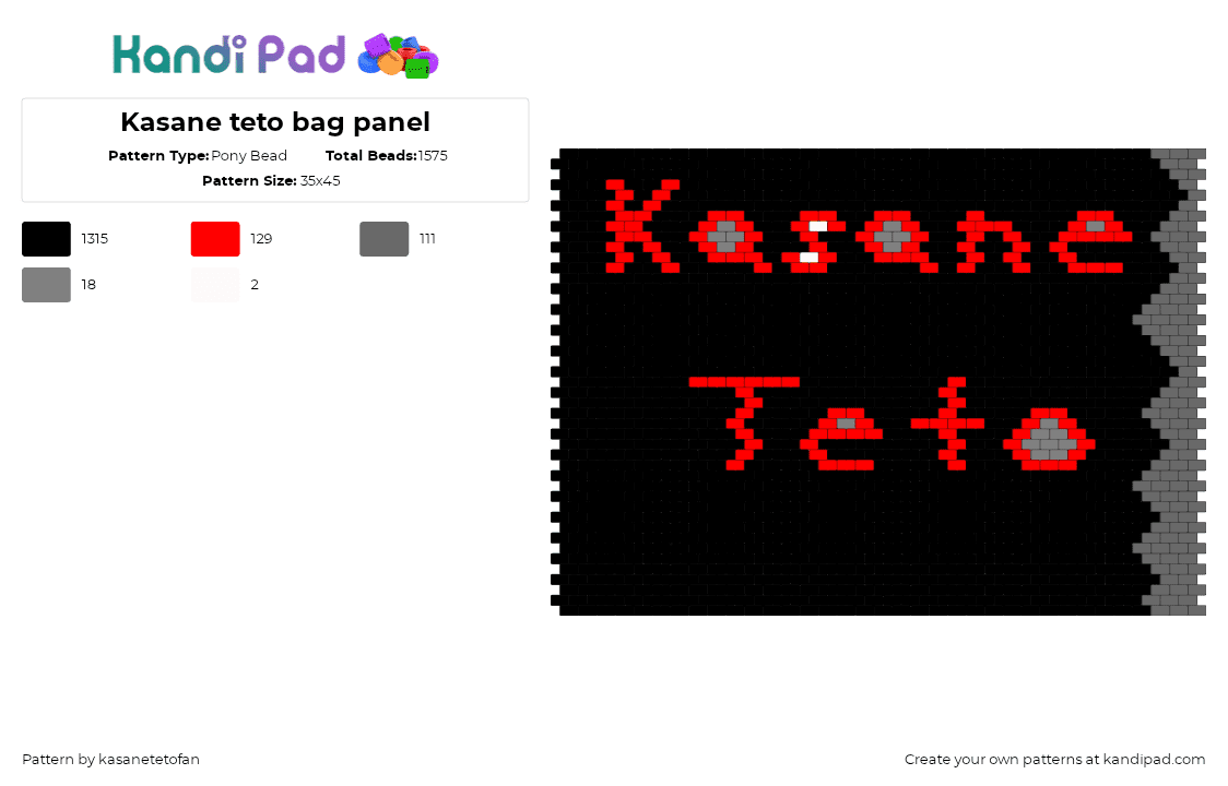 Kasane teto bag panel - Pony Bead Pattern by kasanetetofan on Kandi Pad - kasane teto,vocaloid,bag,panel,music,black,red