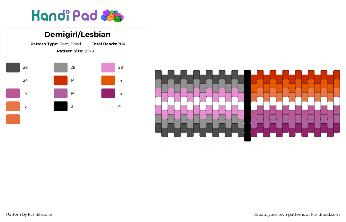 Demigirl/Lesbian - Pony Bead Pattern by kandilesbian on Kandi Pad - demigirl,lesbian,pride,cuff,pink,orange,gray