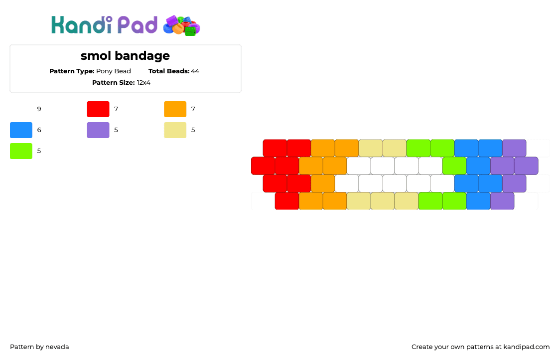 smol bandage - Pony Bead Pattern by nevada on Kandi Pad - bandage,dandys world,dandaid,video game,colorful,charm,red,orange,green,blue