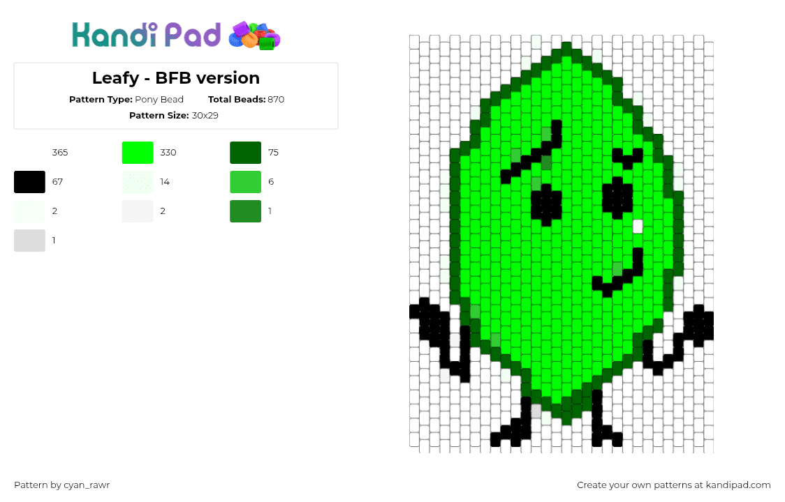 Leafy - BFB version - Pony Bead Pattern by cyan_rawr on Kandi Pad - leafy,bfdi,battle for dream island,character,animation,panel,green,white