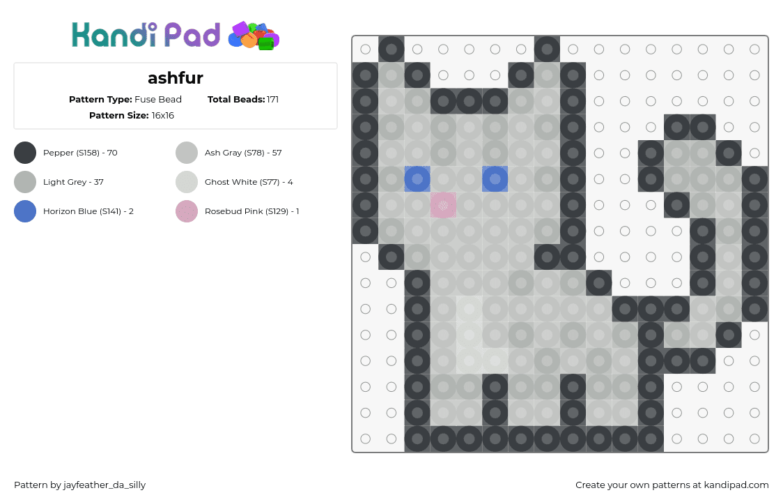 ashfur - Fuse Bead Pattern by jayfeather_da_silly on Kandi Pad - ashfur,warrior cats,animal,simple,cute,character,gray