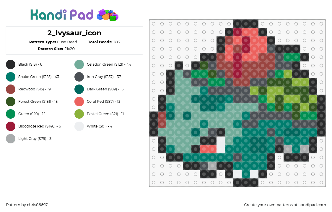 2_Ivysaur_icon - Fuse Bead Pattern by chris86697 on Kandi Pad - ivysaur,pokemon,evolution,character,gaming,bulbasaur,green,pink