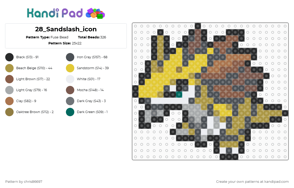 28_Sandslash_icon - Fuse Bead Pattern by chris86697 on Kandi Pad - purple,gold,yellow,tan