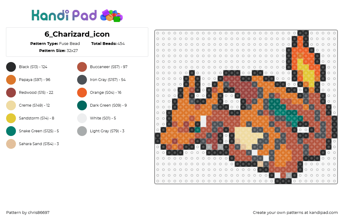 6_Charizard_icon - Fuse Bead Pattern by chris86697 on Kandi Pad - charizard,pokemon,evolution,charmander,dragon,fiery,character,gaming,orange