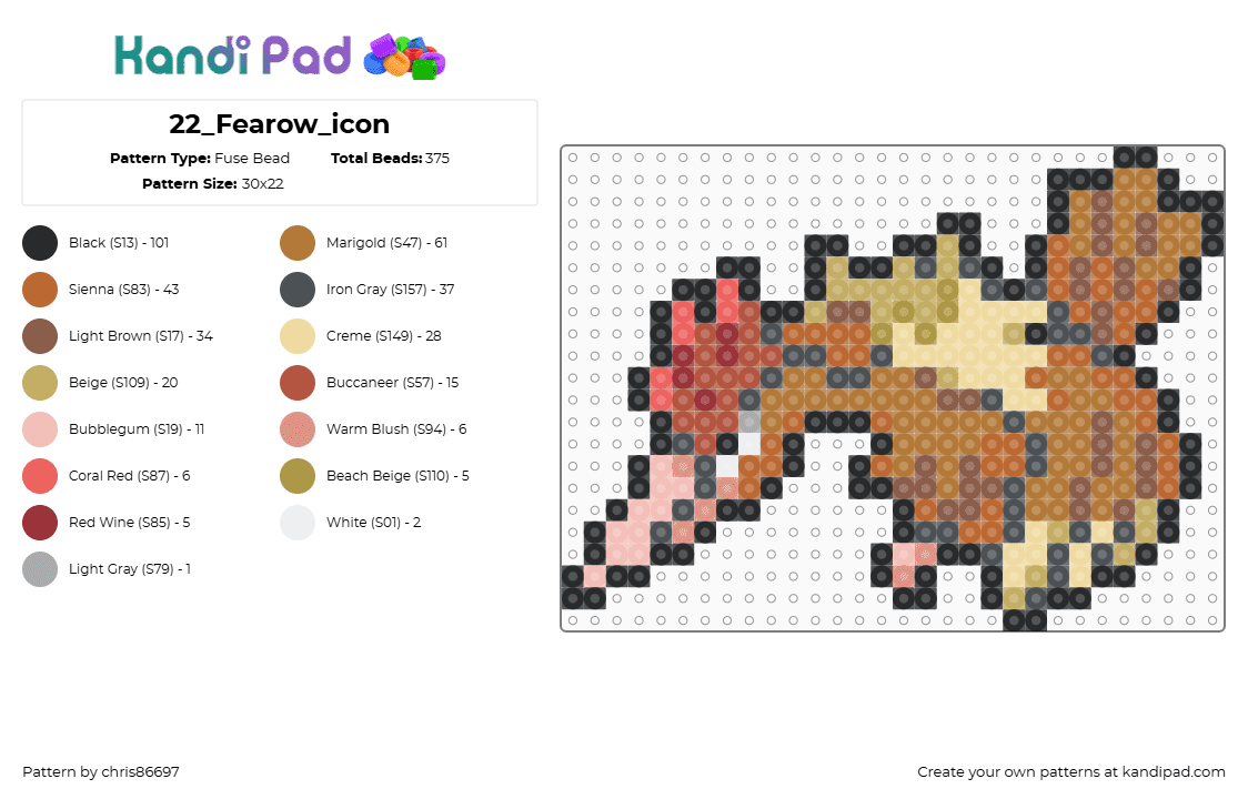 22_Fearow_icon - Fuse Bead Pattern by chris86697 on Kandi Pad - fearow,pokemon,spearow,evolution,bird,character,gaming,tan