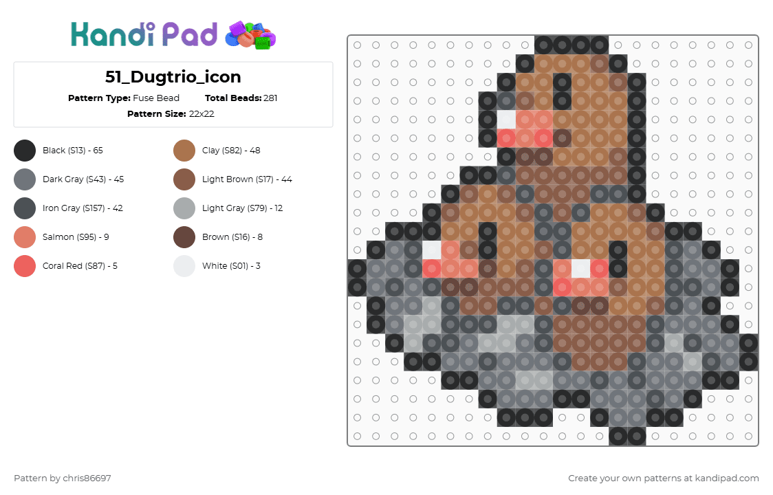 51_Dugtrio_icon - Fuse Bead Pattern by chris86697 on Kandi Pad - purple,gray,tan