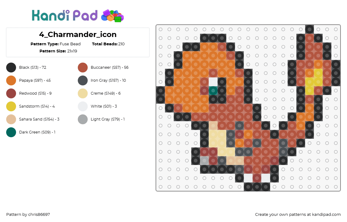 4_Charmander_icon - Fuse Bead Pattern by chris86697 on Kandi Pad - charmander,pokemon,starter,fiery,character,gaming,orange